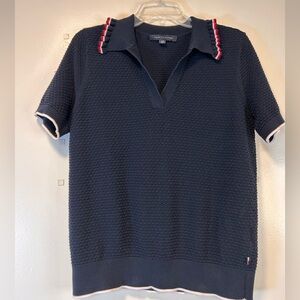 Tommy Hilfiger Navy Textured Knit Polo with Scalloped Collar Women’s Size Large